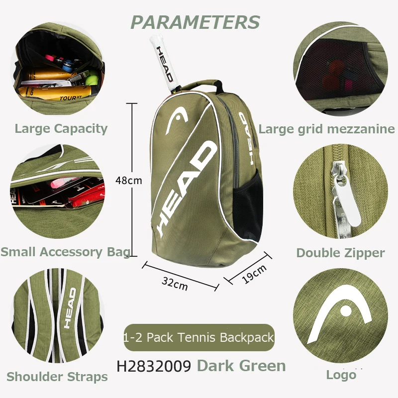 New HEAD Tennis Backpack Dark Green Men Women 2 Pack Head Tennis Racket Bag Professional Polyester PU Tenis De Padel Storage Bag