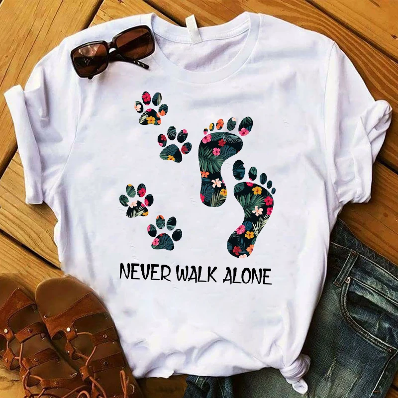 Women 3xl Plus Size T Graphic Flower Never Walk Alone Dog Paw Fashion Printed Top Tshirt Female Tee Shirt Ladies Clothes T-shirt