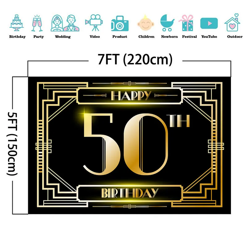 Fondo de fotografía de 50 cumpleaños del gran Gatsby, cartel de decoración de mesa de postre, fiesta de cumpleaños, Gatsby dorado y negro