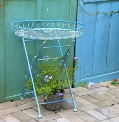 Elegante soporte de flores plegable de hierro azul Vintage y estante de exhibición