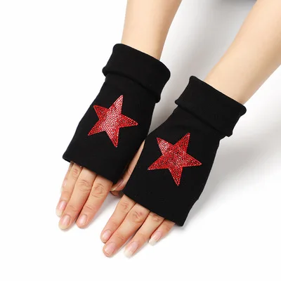 Winter Gloves Ladies Rhinestone Skull Diamond Crown Half Finger Women\'s Gloves Fashion Warm Knitted Black Mittens A573