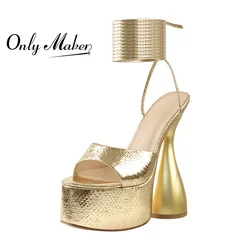 Onlymaker Women Summer Platform Sandals Gold Ankle Cross Strap Spike Crocodile Print Causal Large Size Fashion Heels