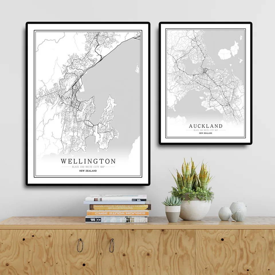 New Zealand Black and White Creative abstract City Map Poster  Wellington Wall Art Pictures Home Decor Canvas Painting