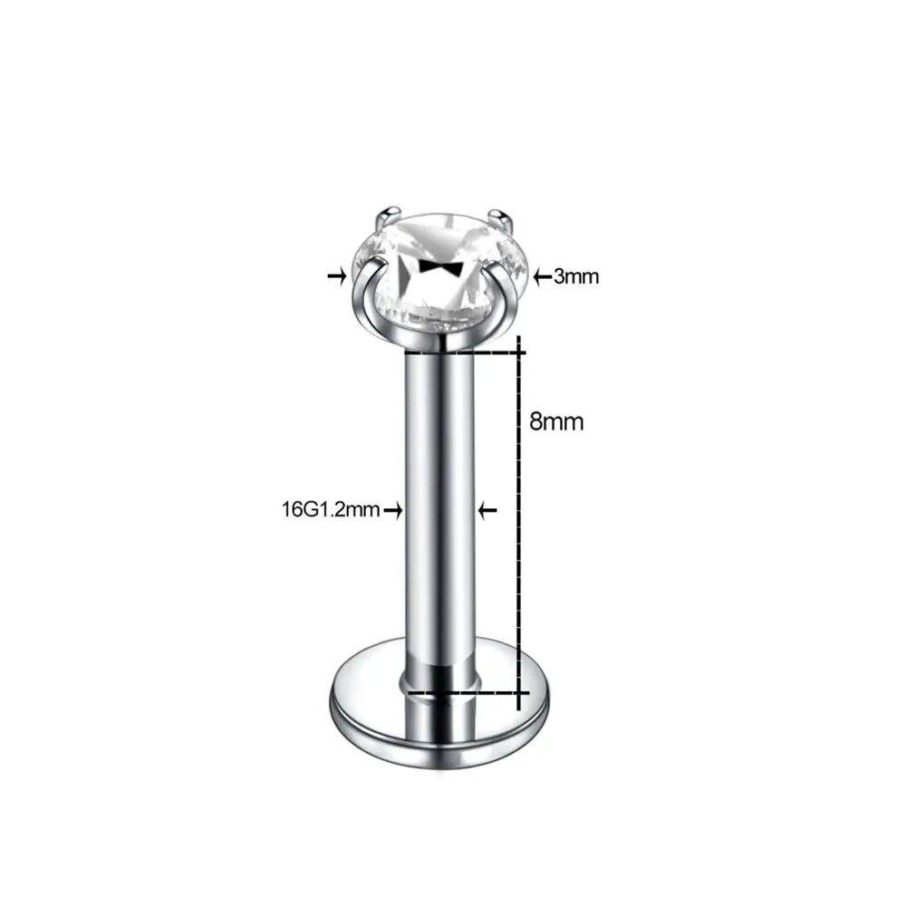1PC Colorful Labret Lip Ring Zircon Internally Threaded Prong Gem 16G Tragus Helix Ear Piercings Earring Cartilage Women Jewelry
