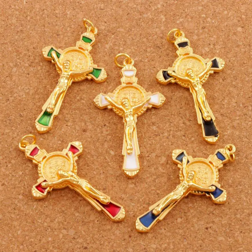 Enamel Saint Benedict Medal Cross Crucifix Spacer Charm Beads 5Colors Pendants T1670-g 40pcs