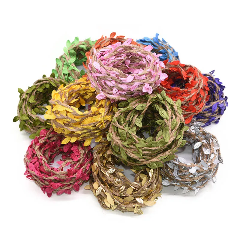 Colorful Artificial Leaf Natural Jute Twine Rope Burlap Ribbon Gift Wrapping Handmade Material DIY Home Wedding Party Decor 5M