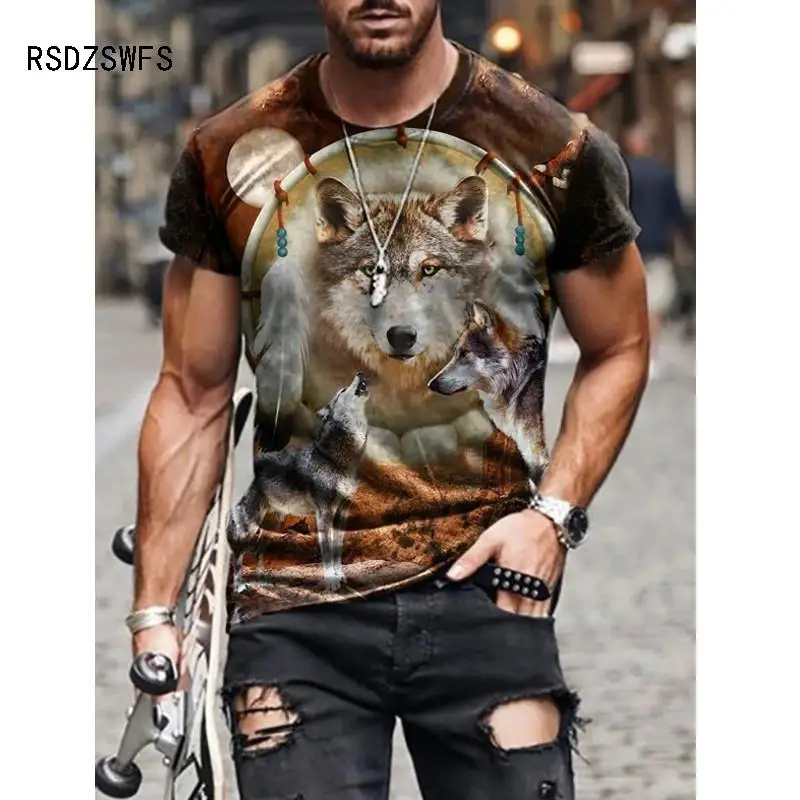 Summer Men\'s T-shirt Street Fashion Animal wolf head print 3D T-Shirt Men\'s Large Size Casual Short Loose Pullover T-Shirt