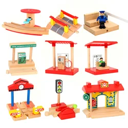 Wood Railway Toy Small Gas Station Train Cross Road Block Accessories Fit for Biro Wooden Track Toys for Kids Xmas Gifts