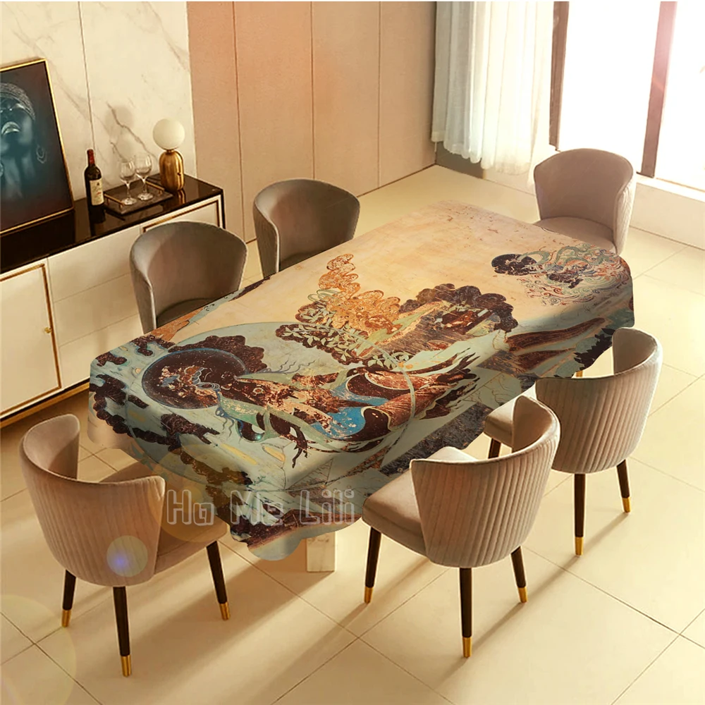 Dunhuang Frescoes Design Rectangle Tablecloth Picnic Bbq Kitchen Dining Decoration