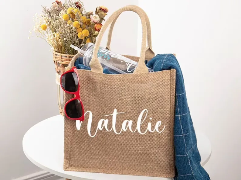 Personalized Burlap Bags Custom Name Monogram Beach Bags Bridesmaid Gift Bags Tote Jute Bags Custom Wedding Gifts for Bride