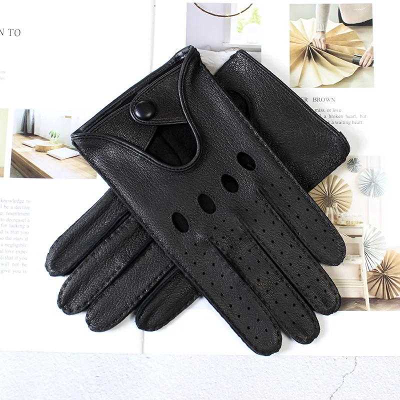 Deerskin Driving Driver Leather Gloves Men\'s Thin Hollow Breathable Spring and Summer Motorcycle Riding Manual Stitching