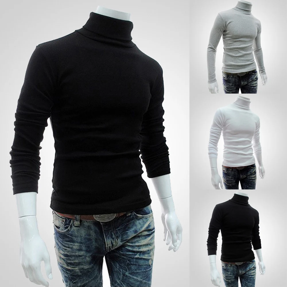 New Men\'s Slim Turtleneck Long Sleeve Tops Pullover Warm Stretch Knitwear Sweater Tight-fitting   High-neck Casual Men Clothing