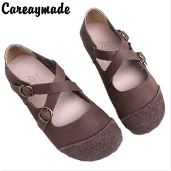 Careaymade-Spring real leather, pure handmade antique belt buckle, literature mori girl  single shoes,can two wear style shoes