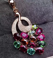 Foydjew Gorgeous Simulation Water Drop Rainbow Tourmaline Gemstone Pendant Necklaces Women's Rose Gold Color Peacock Necklace