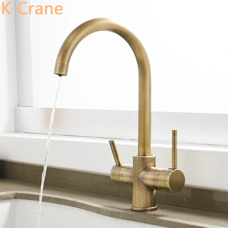 

Filter Kitchen Faucet Retro Brass Sink Tap Hot Cold Water Mixer Torneira Para Cozinha Double Handle Filtered Taps Drinking Grifo