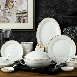 46piece set, royal gold lined, fine bone china unit of dinner, buffet dishes, porcelain dinner plate set, crockery of dish serve