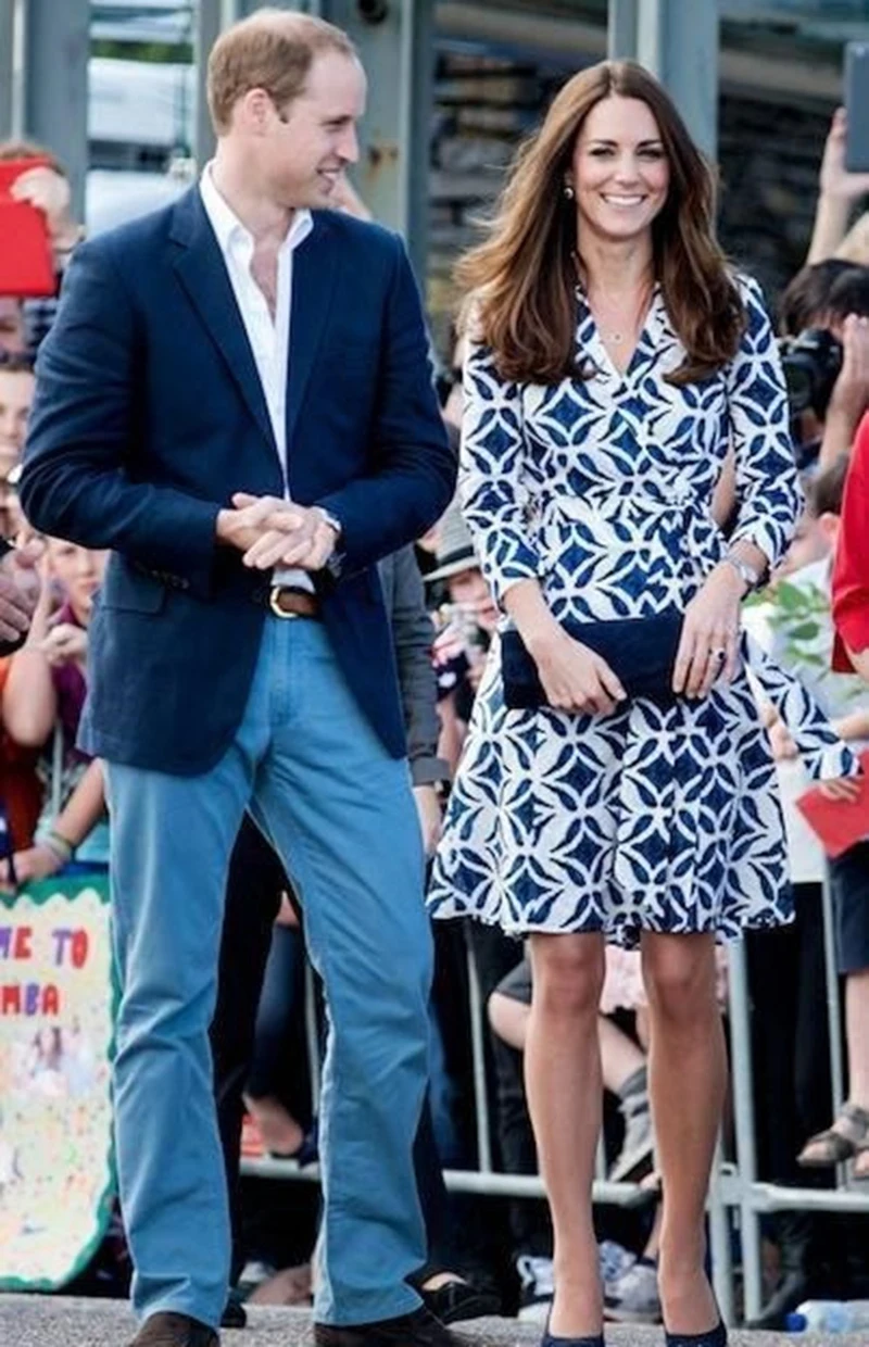 Kate Middleton Geometric Print Dress A-line Elegant Long Sleeve Casual Blue Dresses W051