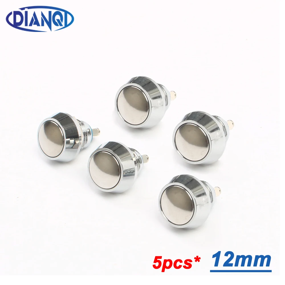 5pcs 12mm Metal Push Button Waterproof Nickel Plated Brass Domed Push Button Switch 1NO Momentary Screw Terminal 2 pins