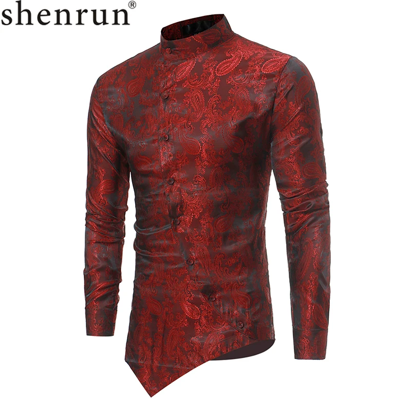 

Shenrun Men Shirt Long Sleeve Stand Collar Fashion Design Groom Shirts Singer Dancer Host Dress White Black Red Blue Champagne