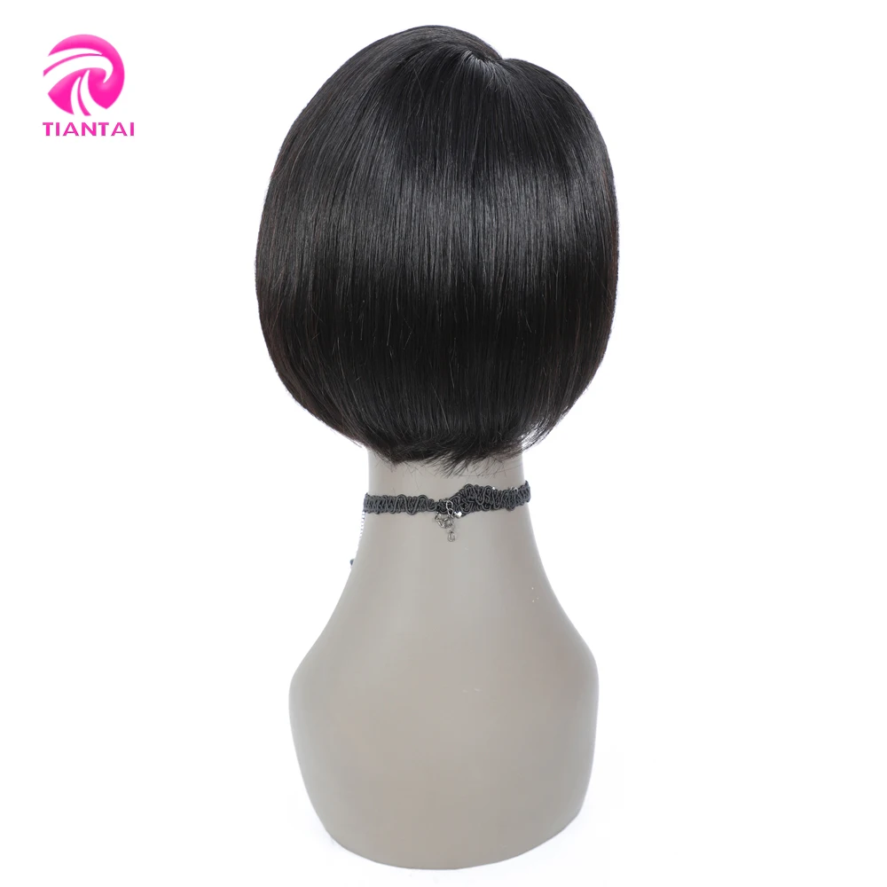 TIANTAI-Perruque Bob Lace Wig Remy Brésilienne Naturelle, Cheveux Courts Lisses, Brun Ombré, Coupe Pixie, Partie Latérale