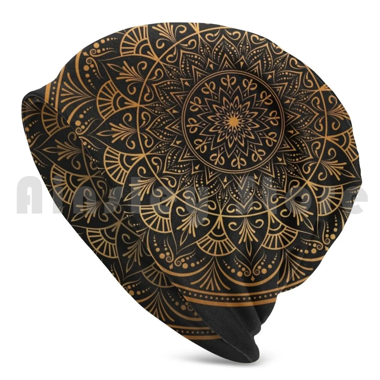 Mandala Beanie Hedging Cap DIY Print Cushion Luxury Geometric Black Gold Etnic Round Brown Mandala King