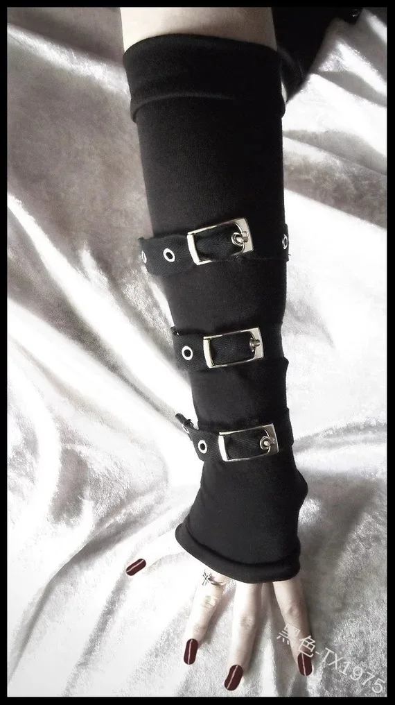 Steampunk Unisex Buckled Up Bondage Arm Warmers With Metal Buckle Straps Women\'s Black Gothic Style Fingerless Gloves