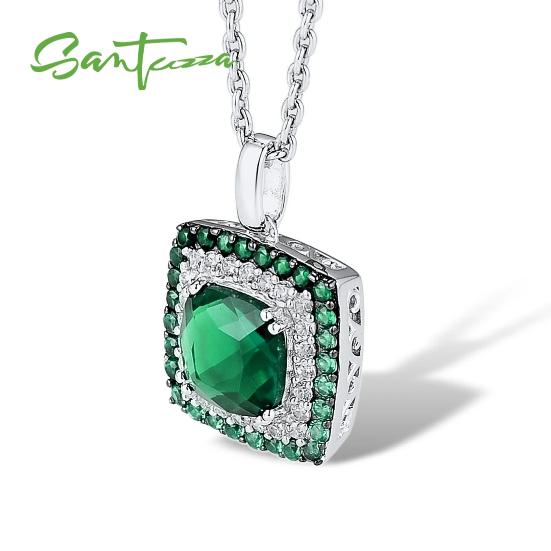 SANTUZZA Genuine 925 Sterling Silver Pendant For Women Square Shiny Green Agate Spinel Blue Cubic Zirconia Party Fine Jewelry