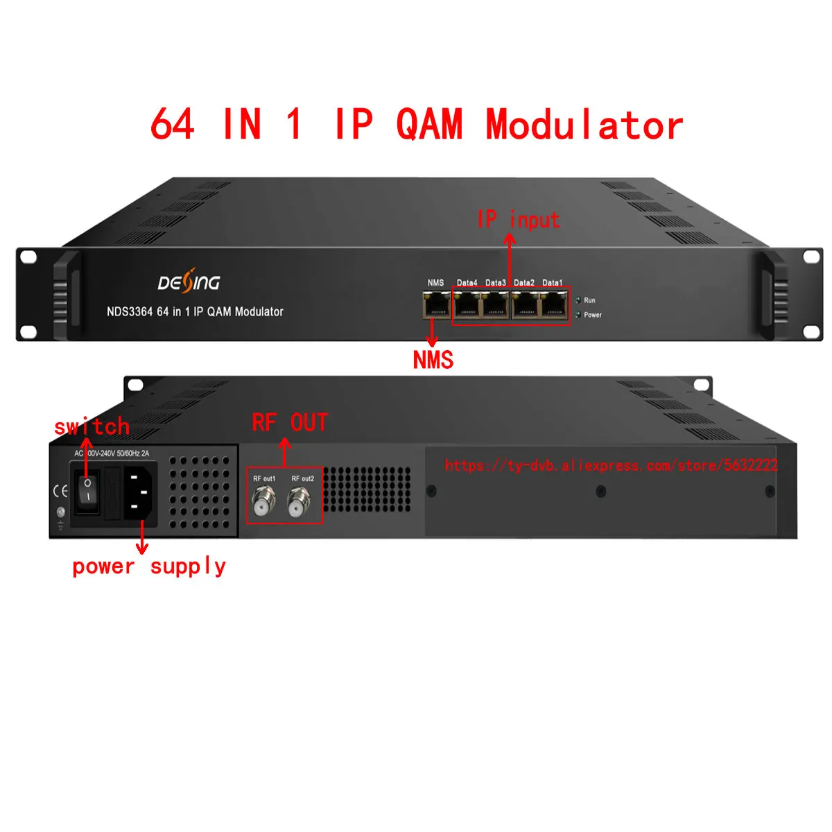 Multiplexação Scrambling QAM Modulador, IP para DVB-C, RF Digital, CATV Head-End Equipment, 64 canais