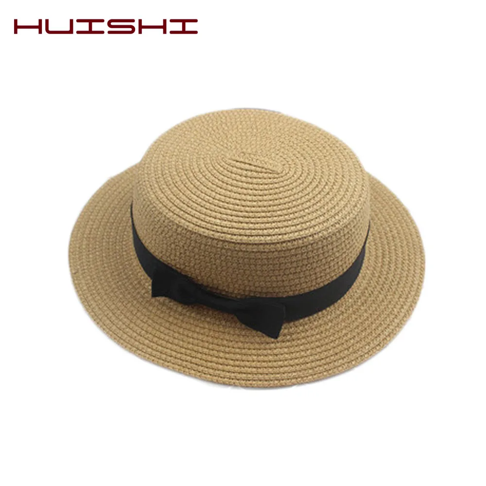 HUISHI Hat Straw Colorful Bowtie Parent-child Beach Cap Ladies Fashion Flat Brim Summer Straw Panama Cap Women Girls Sun Hat