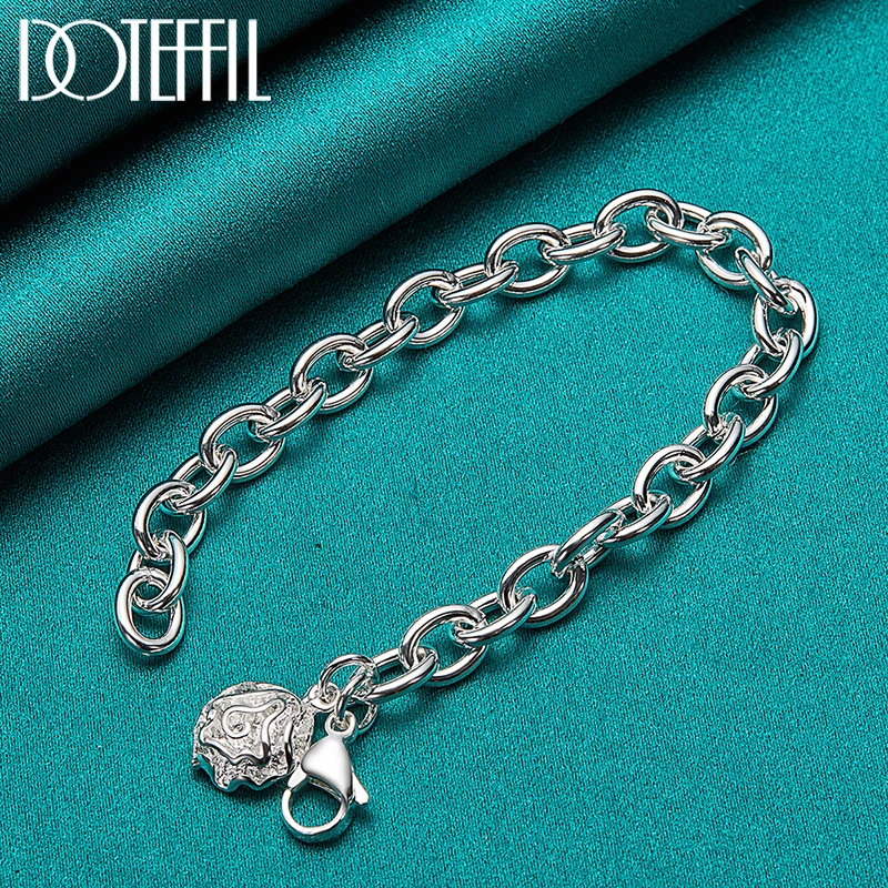 

DOTEFFIL 925 Sterling Silver Rose Flower Pendant Bracelet Thick Chain For Woman Charm Wedding Engagement Party Fashion Jewelry