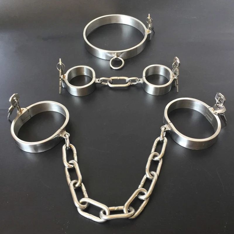 Heavy Stainless Steel Lockable Neck Collar Handcuffs Ankle Cuff  Fetish Bondage Bdsm Hand Cuffs Restraints Sex Toys for Couples