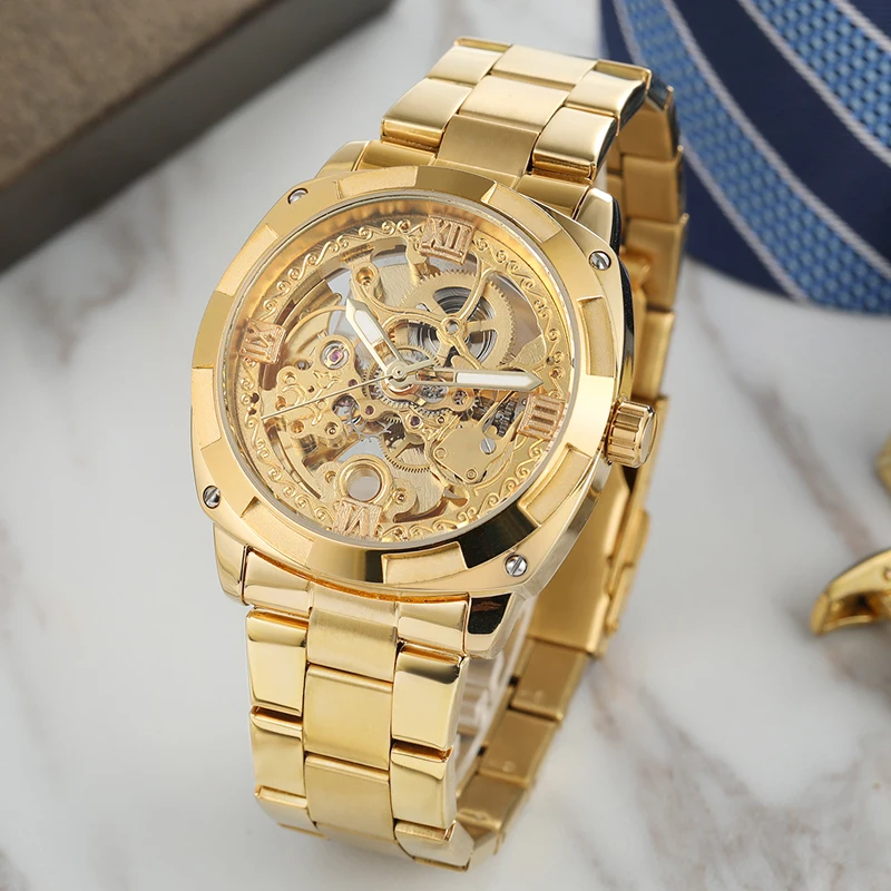 Forsining 8157 Luxury Gold Series Transparent Case 3D Logo Stainless Steel Automatic Self Wind Men Mechanical Skeleton Watches