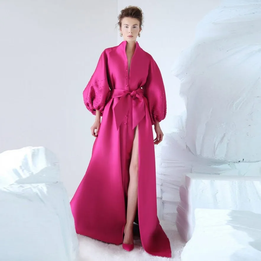 Fuchsia Mới Dạ Hội Abendkleider Full Phồng Tay Dạ Hội Nơ Thời Trang Váy Hoa Văn Abiye Áo Dây De Soiree