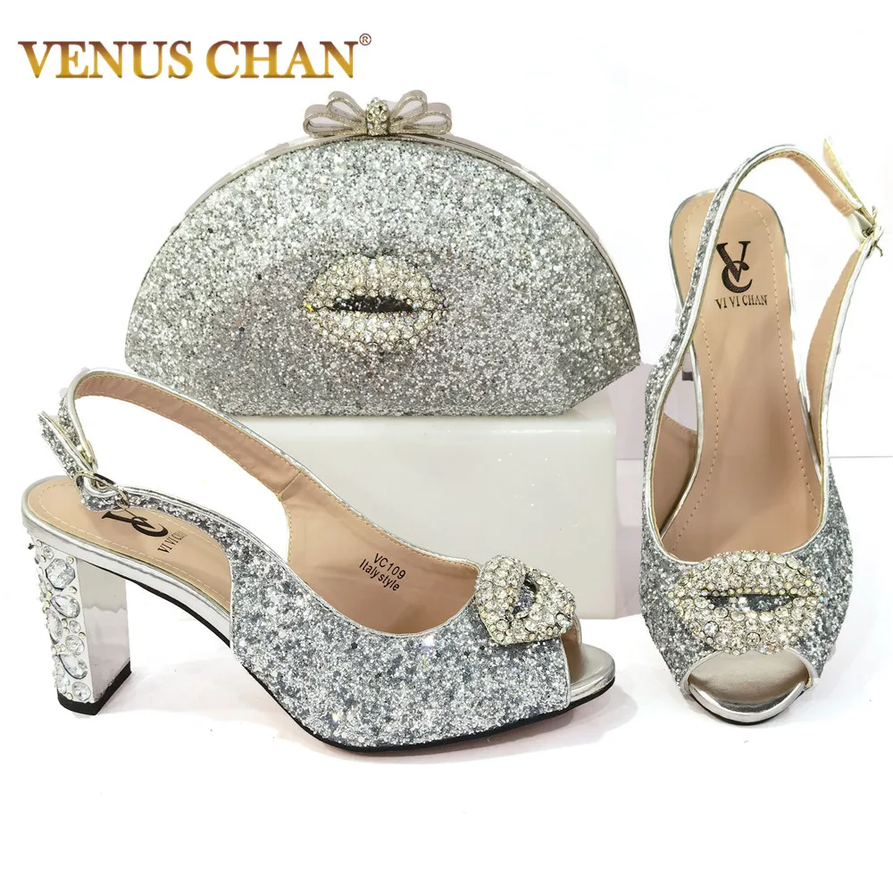Scarpe e borse da donna di colore rosa da donna italiane da abbinare decorate con Set di scarpe e borse da sposa da donna nigeriane con strass
