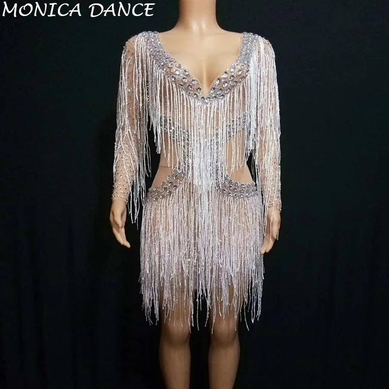 

Sexy Silver Rhinestones Fringes Dress Lady Prom Evening Outfit Bar Singer See Through Mesh Dress Shining Birthday Tassels Dress