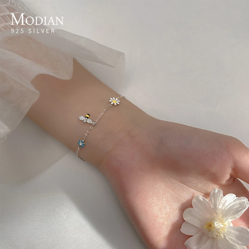 

Modian Real 100% 925 Sterling Silver Clear CZ Lovely Bee Bangle Colorful Romantic Daisy Flower Bracelet for Women Fine Jewelry