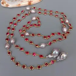 Y.YING Cultured Purple Keshi Pearl Fuchsia Color Cz Pave Long Chain Long Necklace 49