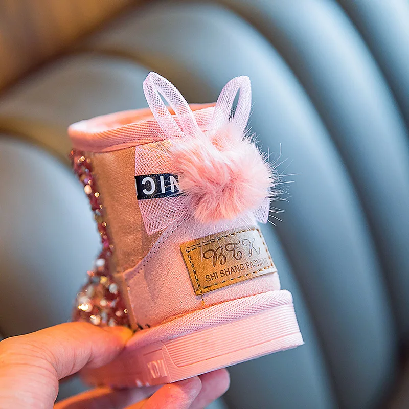 Moda novo inverno crianças sapatos princesa glitter meninas orelha de coelho anti deslizamento pé mais quente botas de tornozelo neve 1-12 anos de idade