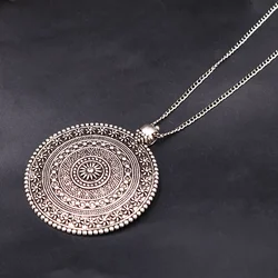 1pc Silver Plated Large Mandala Flower Pattern Charm Bohemian Style Metal Round Tag Necklace DIY Vintage Jewelry Crafts Gift