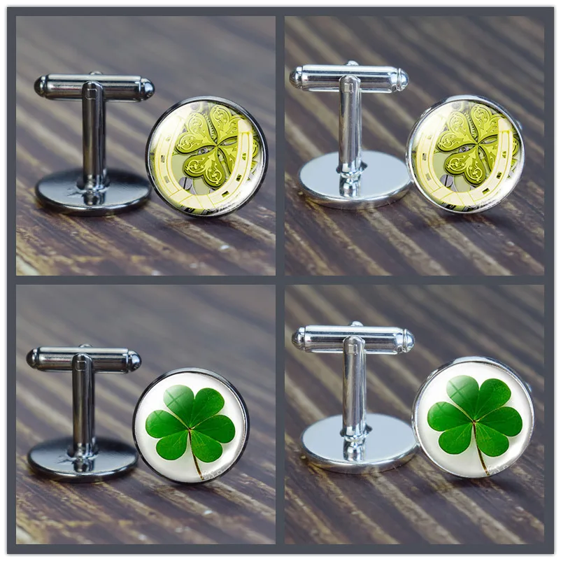 Shamrock Clover Cufflinks Print Men's Suits Shirt Cuff Links St. Patrick Day Four-Leaf Clover French Glass Dome Wedding Jewelry