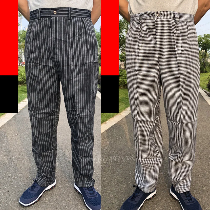 Men\\\'s Loose Chef Trousers Food Service Work Wear Stripe Kitchen Restaurant Uniform Cook Pants for Man Chef Maxi M-4XL Catering