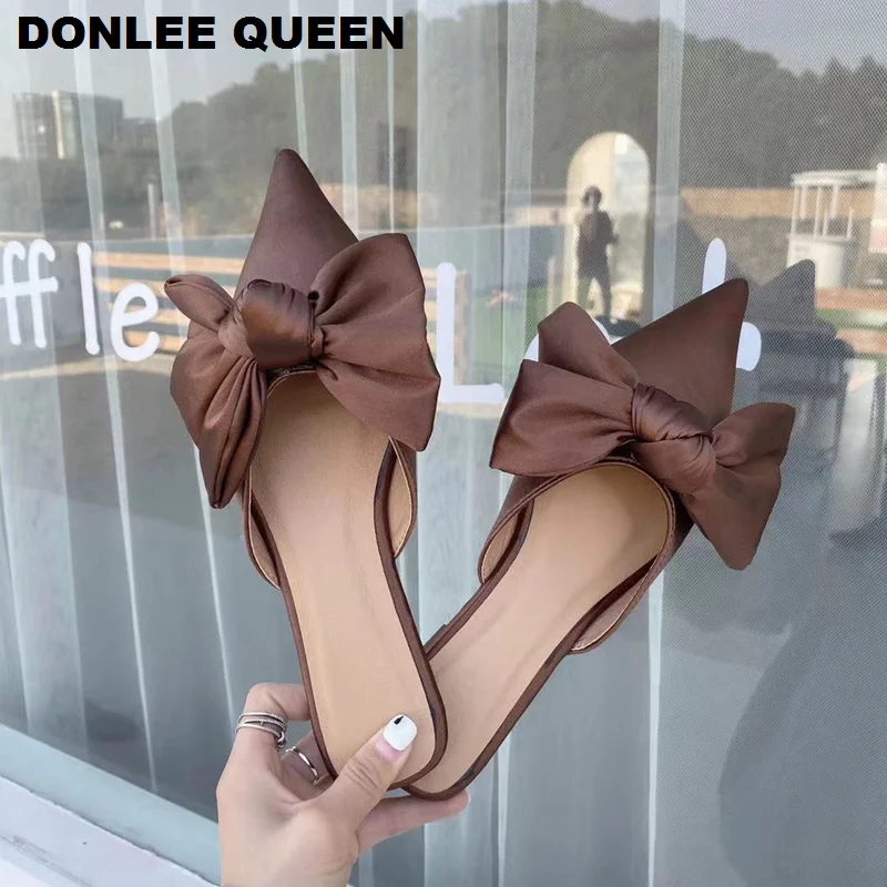 New Women Slippers Silk Bowtie Female Mules Fashion Flat Casual Shoes Pointed Toe Ladies Slides Elegant Woman Slipper Flip Flops