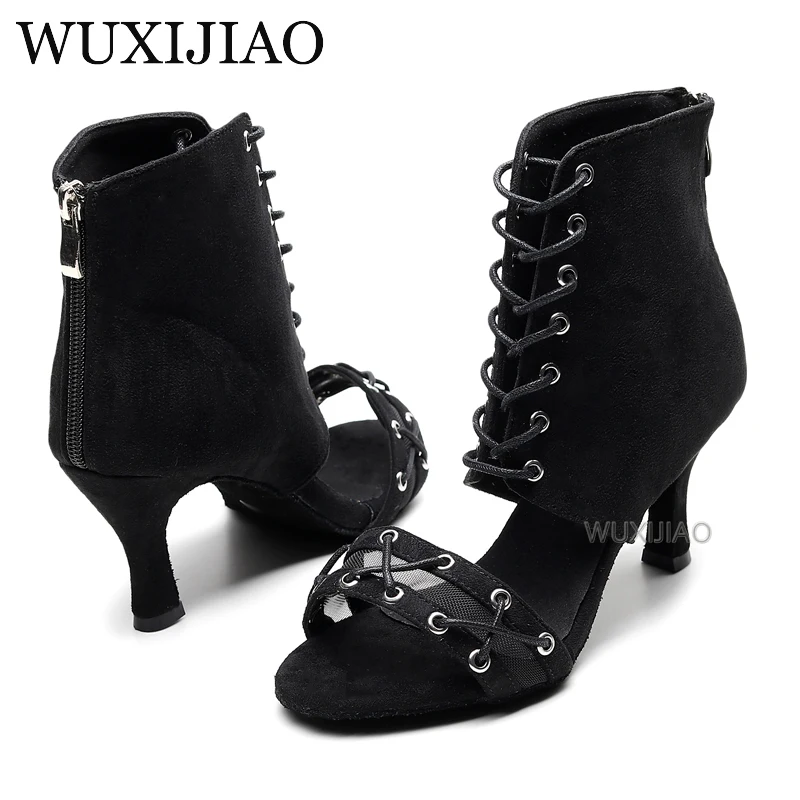 WUXIJIAO Latin dance shoes women's high heels black England boots comfortable salsa shoes salsa party shoes with zipper back