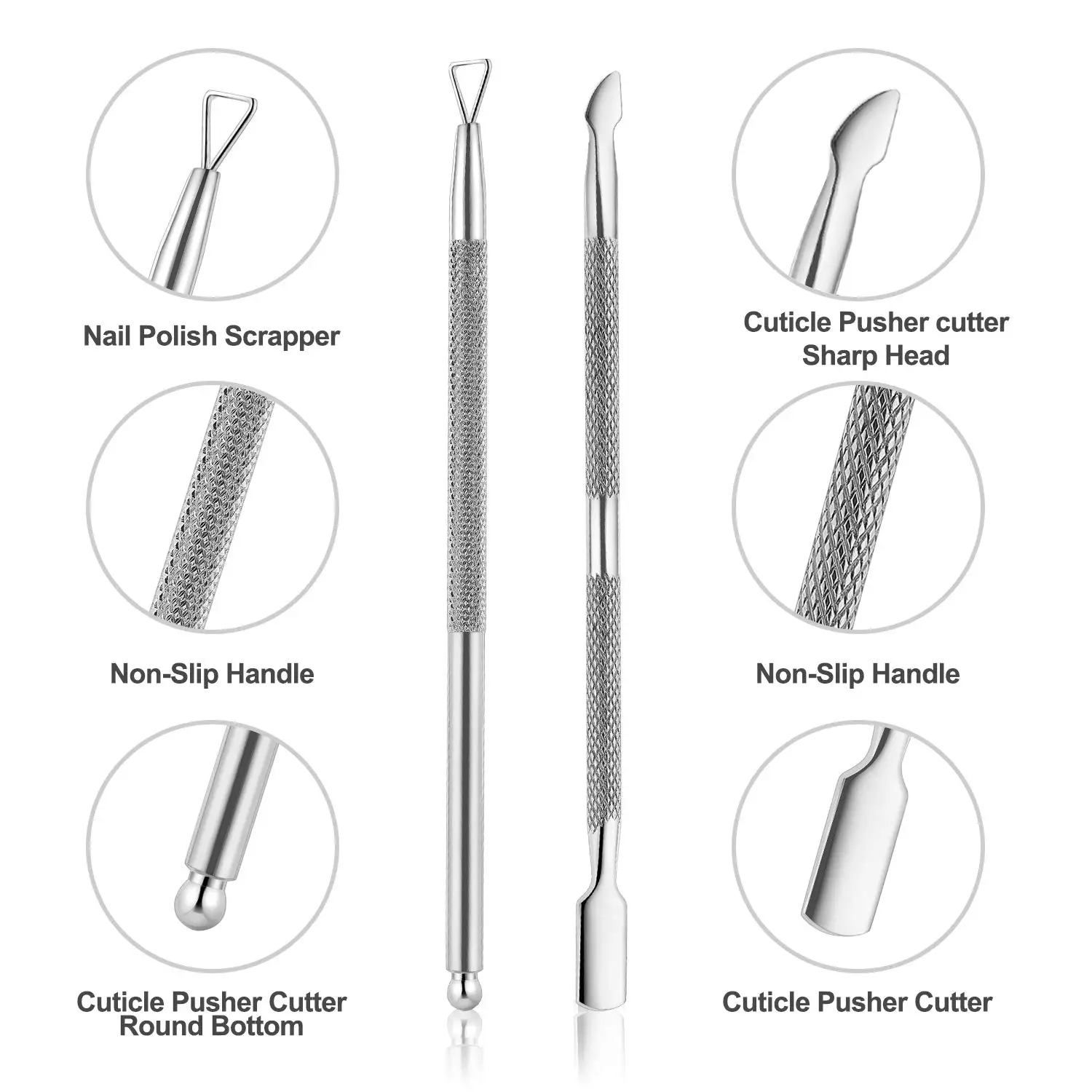 2Pcs/set Sliver Cuticle Pusher and Cutter UV Gel Remover Dual-ended Dotting Pen Stainless Steel Nail Art Tools for UV Gel Polish