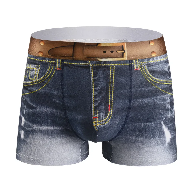 Moda masculina denim roupa interior impressão 3d sexy boxers jeans estilo shorts boxers dos homens cowboy u convexo bolsa de algodão cuecas