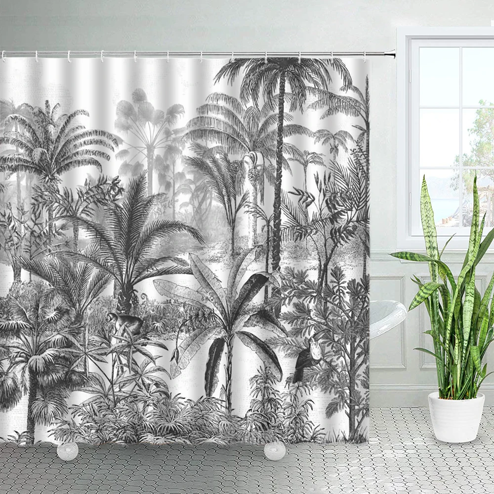 Black White Tropical Plants Palm Trees Shower Curtains Jungle Natural Landscape Home Polyester Bath Curtain Sets Bathroom Decor