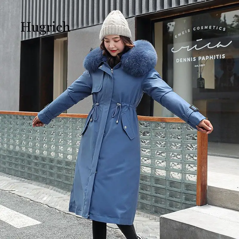 Fashion Solid Cotton Liner Parker New Long Hooded Winter Jacket Women Adjustable Waist Warm Fur Collar Coat