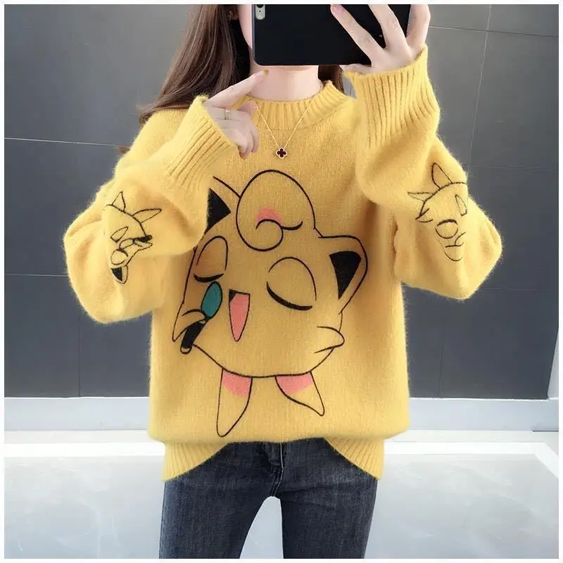 New Spring Japanese Autumn Women Sweater Long Sleeve Casual Cartoon Anime Singing Little Cute Cat Harajuku Knitt Pullover Female