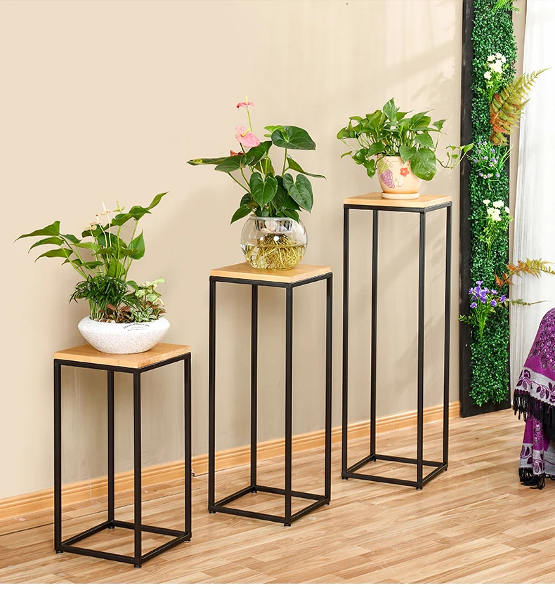 

Nordic Solid Wood Wrought Iron Stand, Multifunctional Retro Floor Balcony Living Room Bedroom Flower Rack