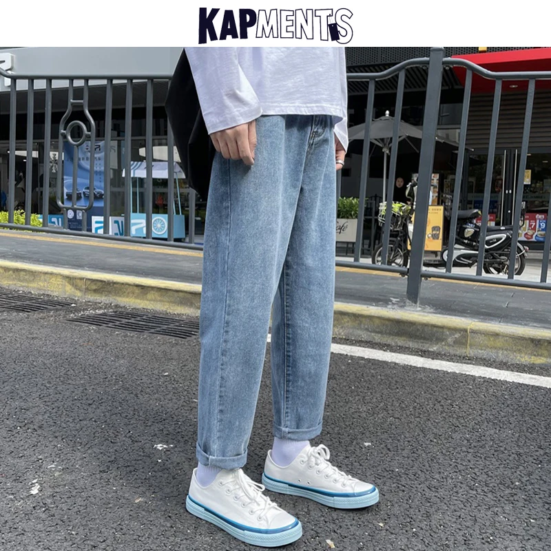 KAPMENTS Men Harajuku Korean Skinny Cargo Jeans 2023 Spring Mens Fashion Streetwear Blue Denim Pants Male Solid Harem Sweatpants